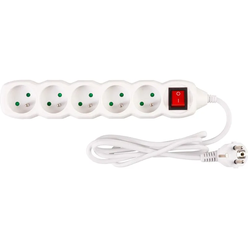 Predlžovací kábel DG-F805BK 1,5 m, biely, 5 zásuviek + vypínač