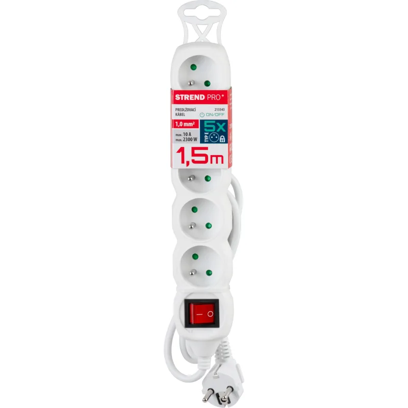 Predlžovací kábel DG-F805BK 1,5 m, biely, 5 zásuviek + vypínač