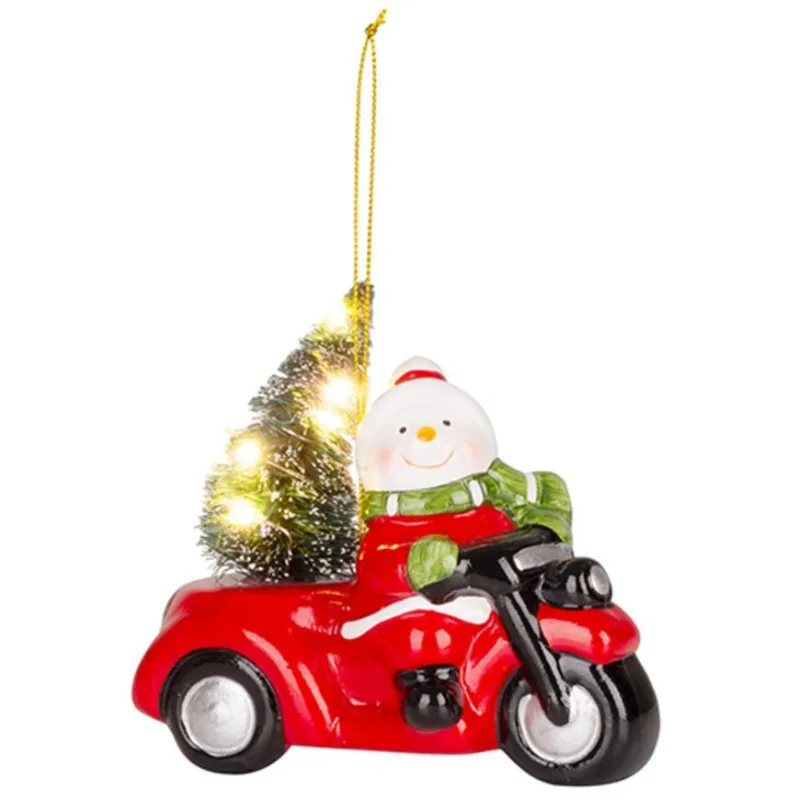 Vianočná dekorácia Snehuliak v aute, LED, terakota, 11,8 cm