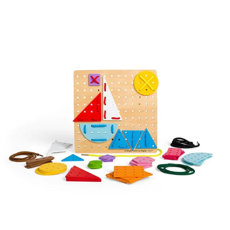 Bigjigs Toys Drevená šnurovacia hra Geometrické tvary