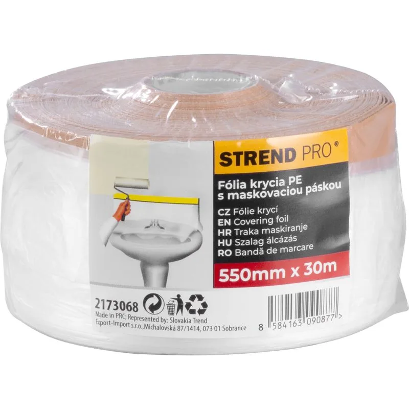 Fólia krycia Strend Pro, 550 mm, L-30 m, PE, maliarska, s látkovou lepiacou páskou, zakrývacia na podlahu