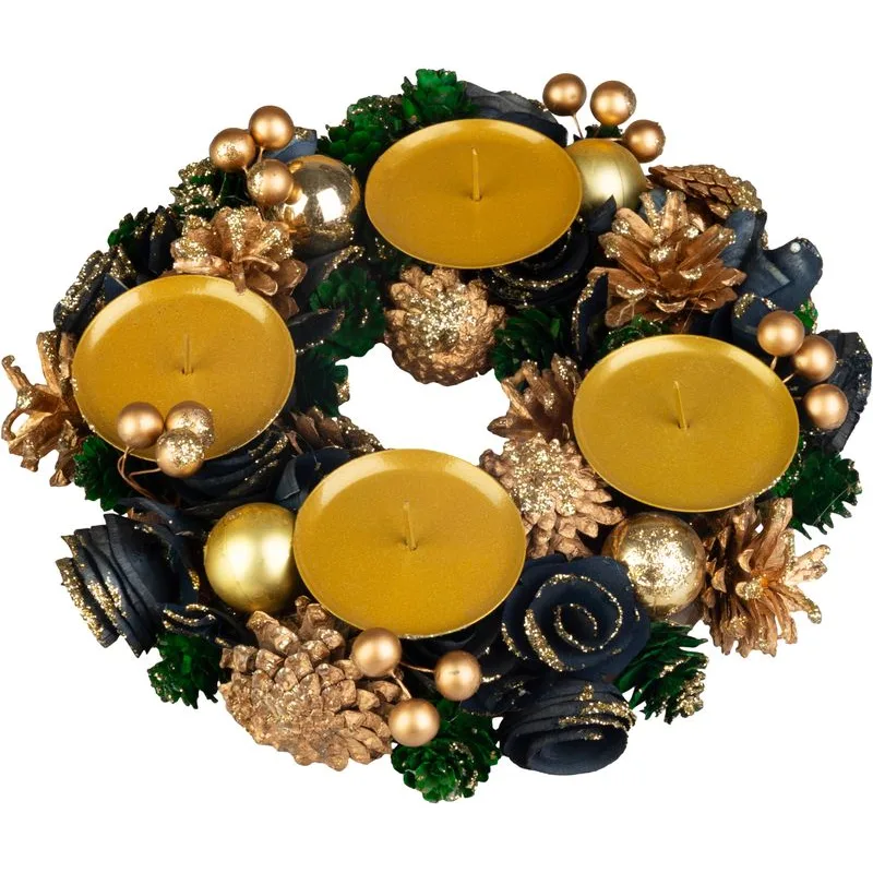 Veniec adventný, zeleno-modro-zlatý, 25 cm