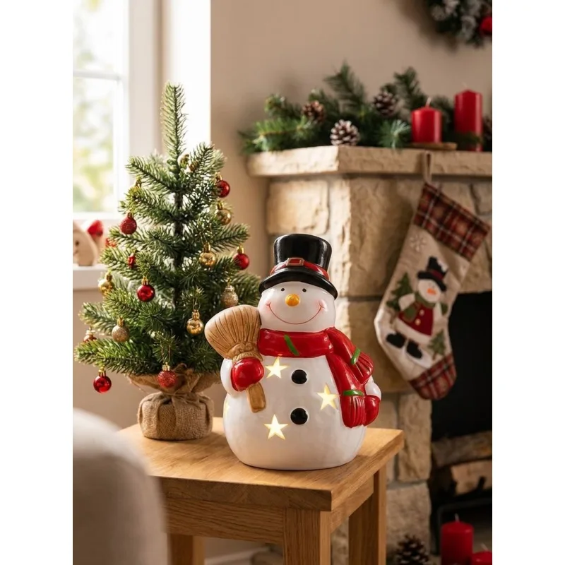 Vianočná dekorácia Usmiaty snehuliak, LED, terakota, 12,5 cm