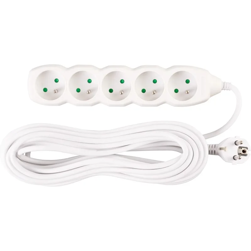 Predlžovací kábel DG-F805B 10 m, biely, 5 zásuviek