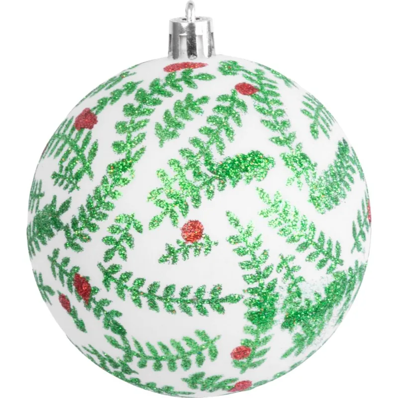 Vianočné gule na stromček 6 ks, biele s ornamentom, matné, s dekoráciou, 8 cm