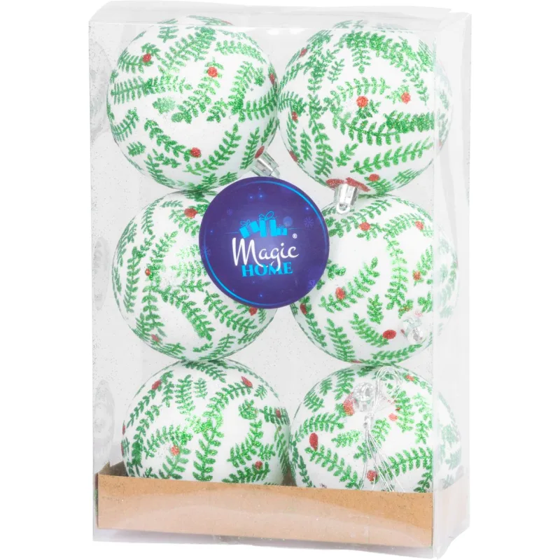 Vianočné gule na stromček 6 ks, biele s ornamentom, matné, s dekoráciou, 8 cm