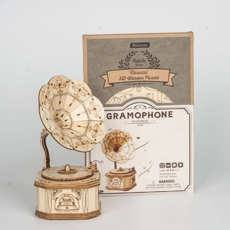 RoboTime Drevené 3D puzzle Starožitný gramofón 122 ks