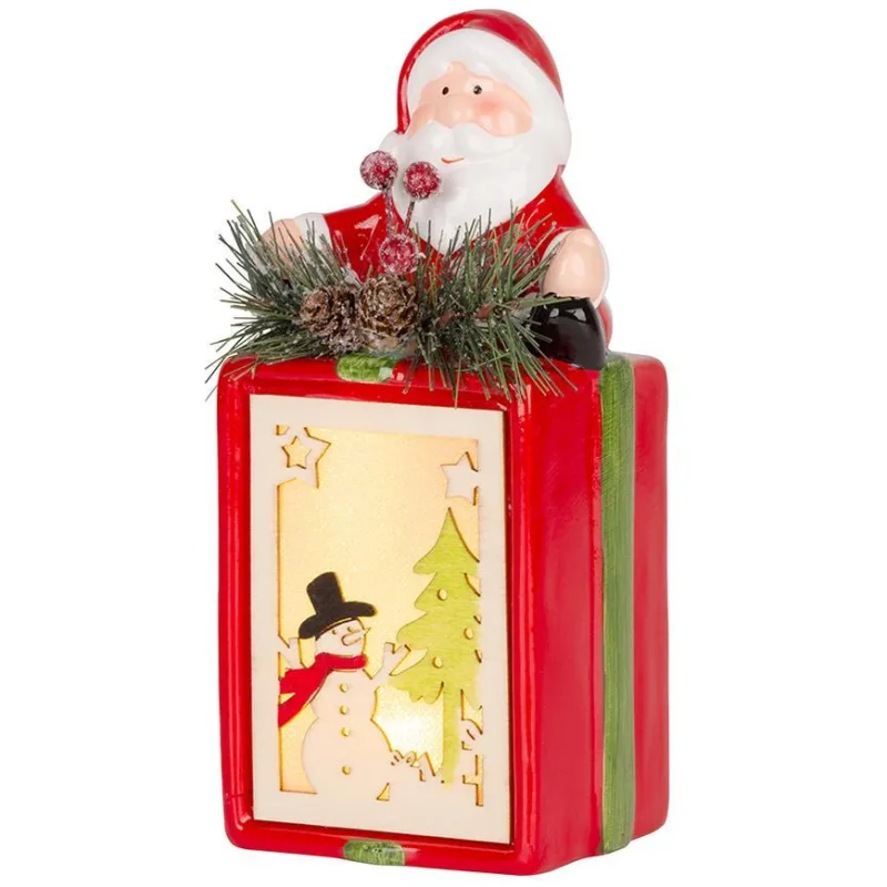Vianočná dekorácia Darček so Santom, LED, terakota, závesný, 17,7 cm