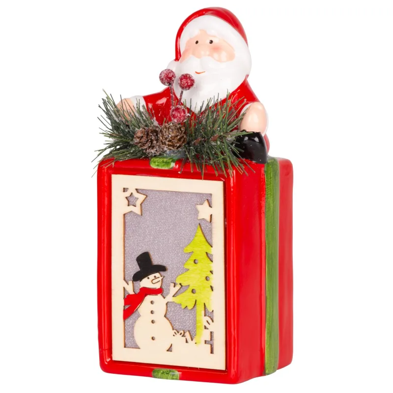 Vianočná dekorácia Darček so Santom, LED, terakota, závesný, 17,7 cm