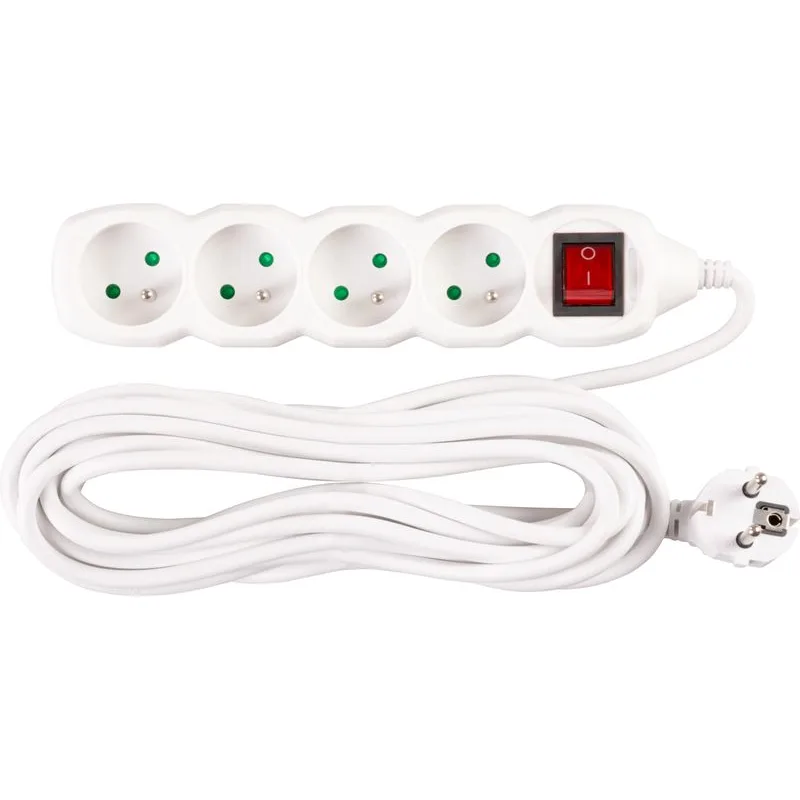 Predlžovací kábel DG-F804BK 7 m, biely, 4 zásuvky + vypínač
