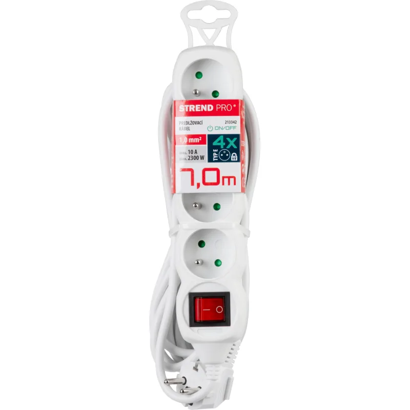 Predlžovací kábel DG-F804BK 7 m, biely, 4 zásuvky + vypínač