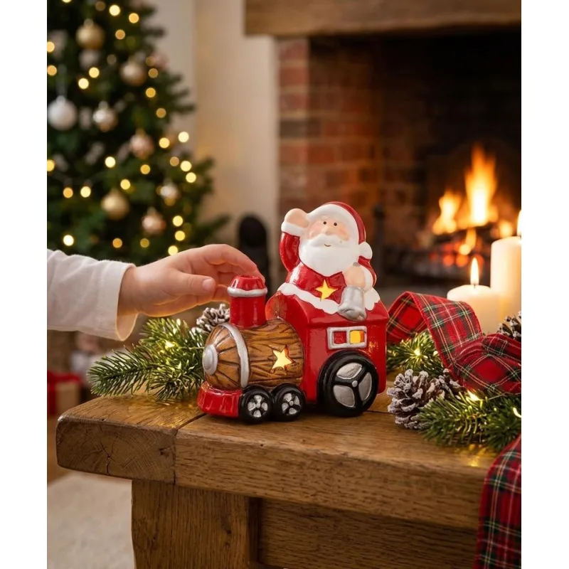 Vianočná dekorácia Santa s vláčikom, LED, terakota, 10,7 cm