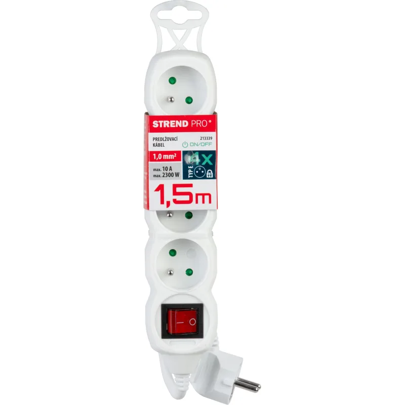 Predlžovací kábel DG-F804BK 1,5 m, biely, 4 zásuvky + vypínač