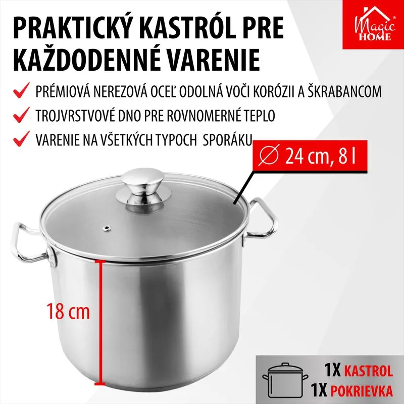 Hrniec MagicHome Chloe, 24 cm, 8 lit., so sklenenou pokrievkou, nerez
