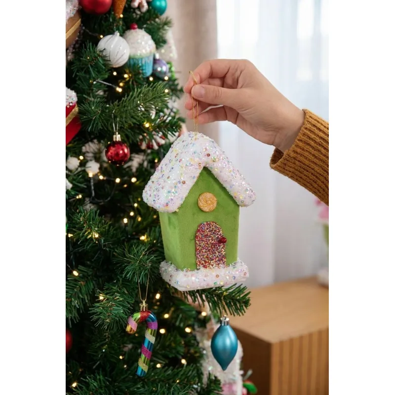 Vianočná dekorácia Candy Line, domček, zelený, 16 cm, závesný