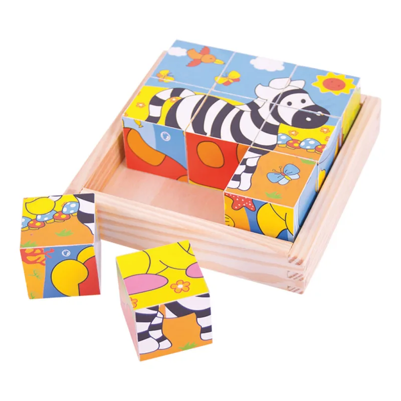 Bigjigs Toys Drevené obrázkové kocky kubusy - Safari 9 kociek