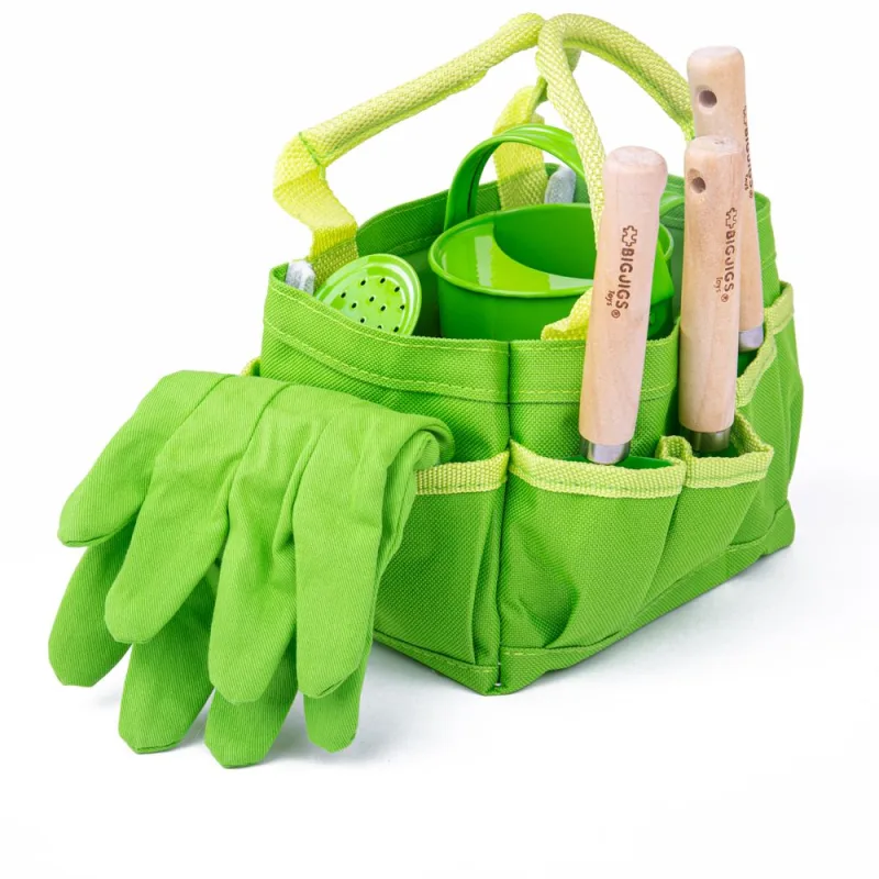 Bigjigs Toys Záhradný set náradia v plátenej taške zelený