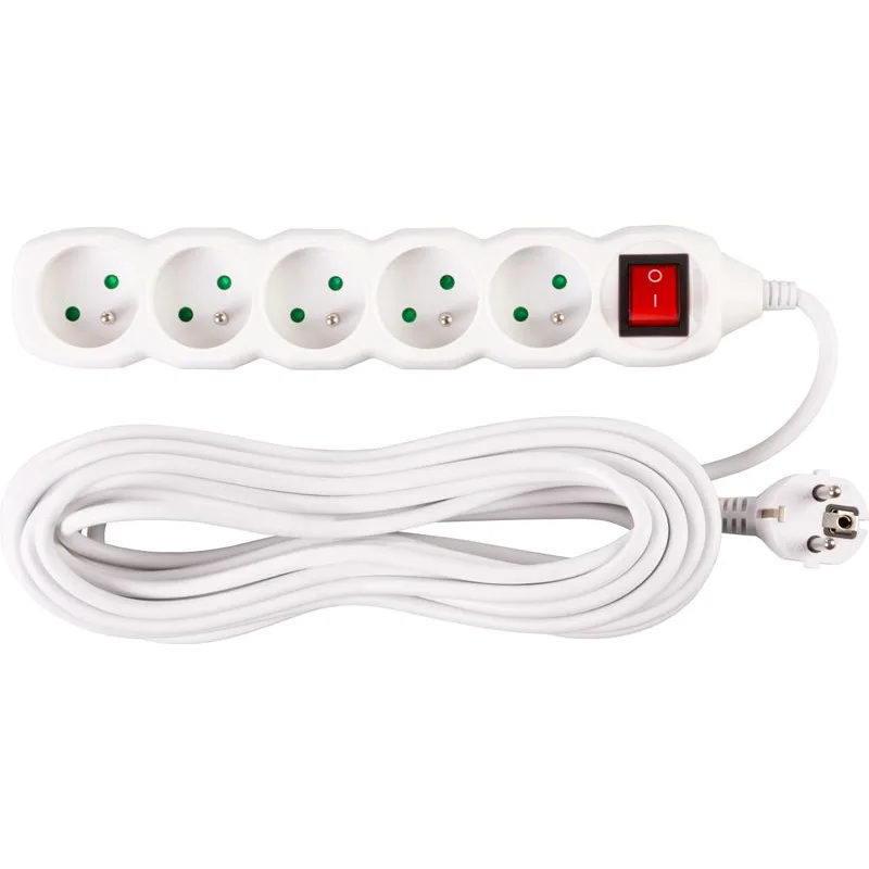 Predlžovací kábel DG-F805BK 10 m, biely, 5 zásuviek + vypínač