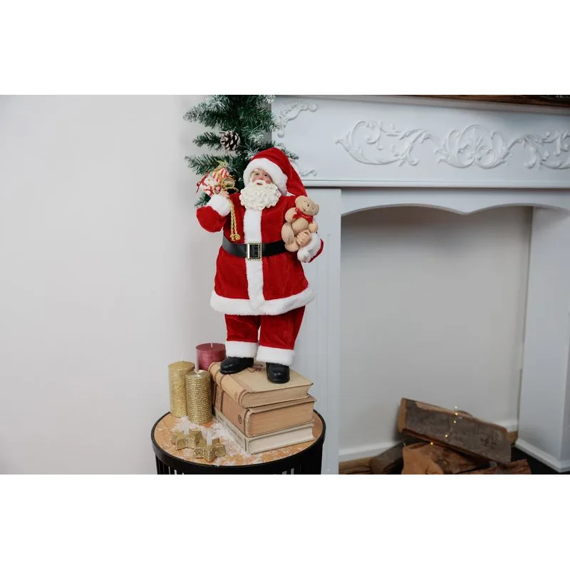 Vianočná dekorácia Santa s darčekmi a medvedíkom, červený, 46 cm