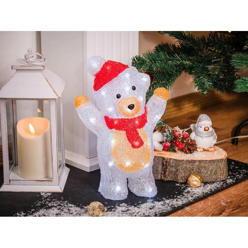 Vianočná dekorácia Medveď, 30 LED, studená biela, akryl, IP44, 30 cm