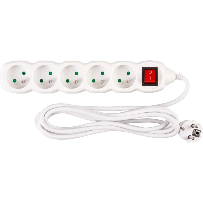 Predlžovací kábel DG-F805BK 3 m, biely, 5 zásuviek + vypínač