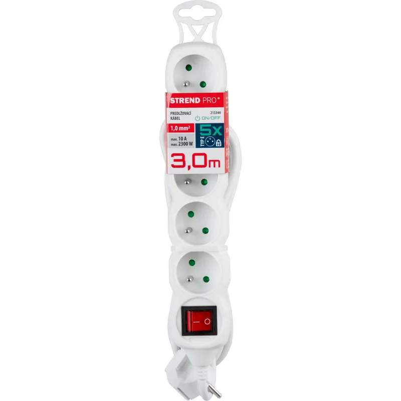 Predlžovací kábel DG-F805BK 3 m, biely, 5 zásuviek + vypínač