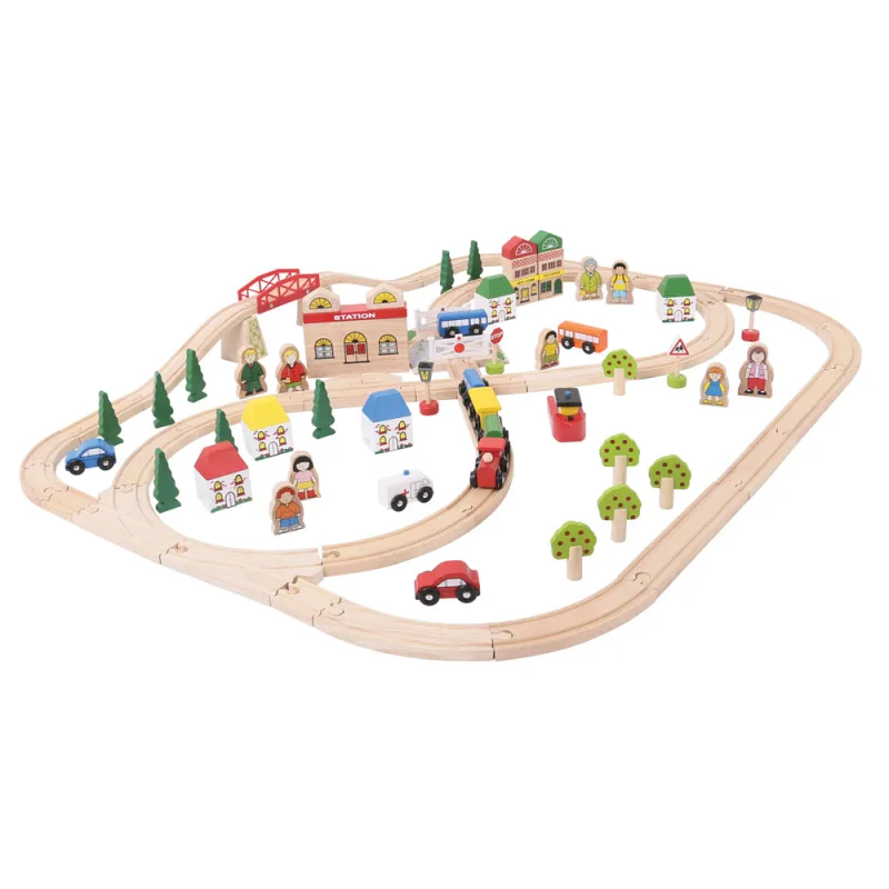 Bigjigs Rail Drevená vláčikodráha - Mesto a dedina 101 ks