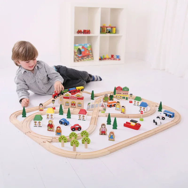 Bigjigs Rail Drevená vláčikodráha - Mesto a dedina 101 ks