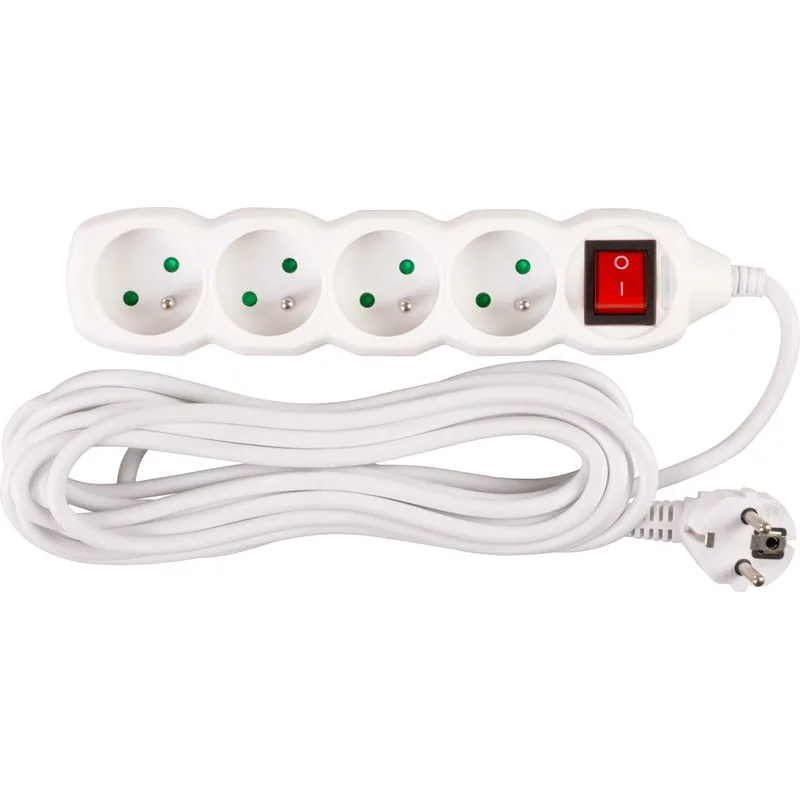 Predlžovací kábel DG-F804BK 5 m, biely, 4 zásuvky + vypínač