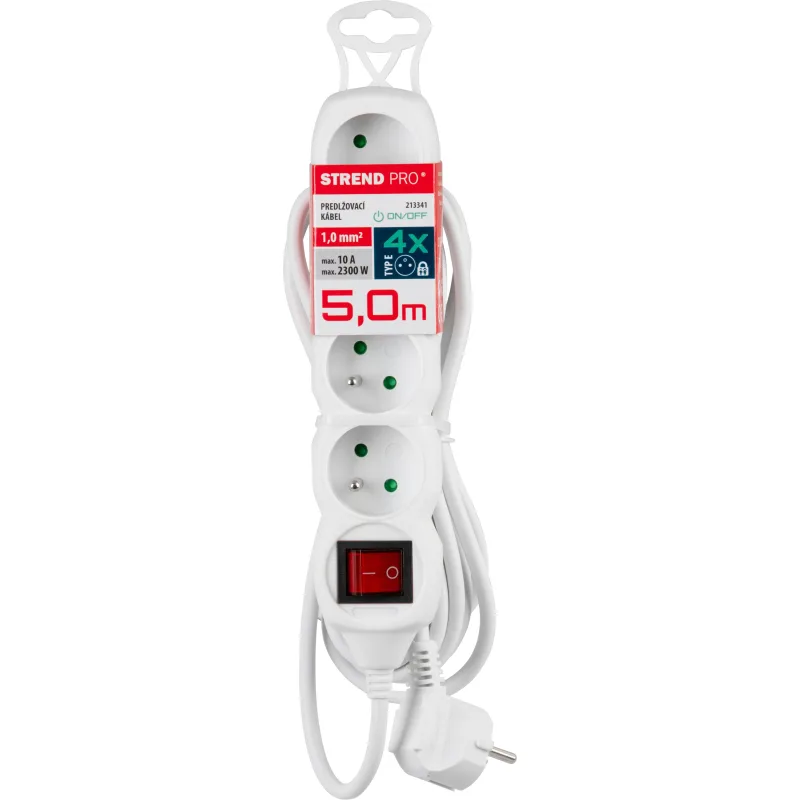 Predlžovací kábel DG-F804BK 5 m, biely, 4 zásuvky + vypínač