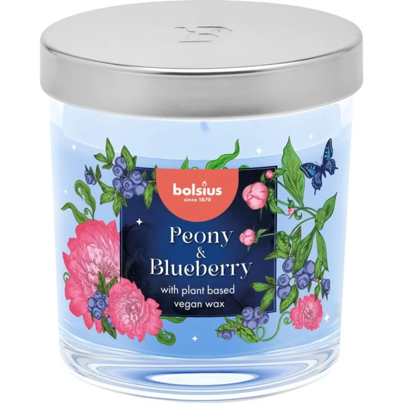Vonná sviečka Bolsius Floral Fusion, pivonka a čučoriedka, 80/72 mm, v skle