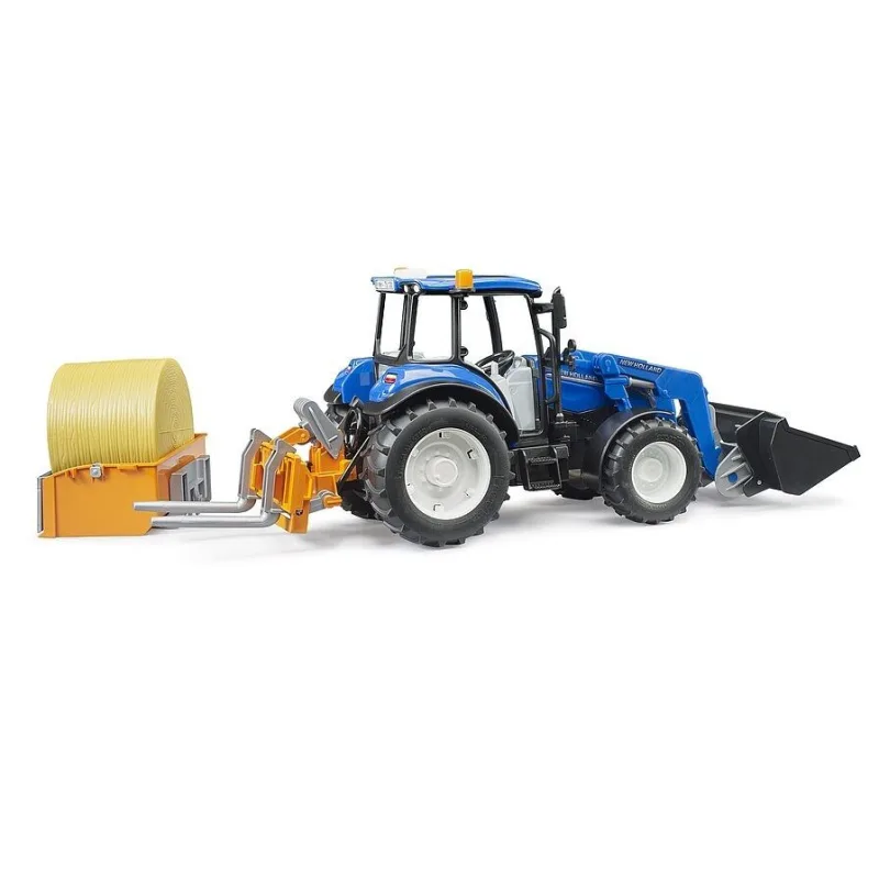Bruder 2187 Traktor New Holland T5.120 s čelným nakladačom, korbou, vidlami a okrúhlym balíkom