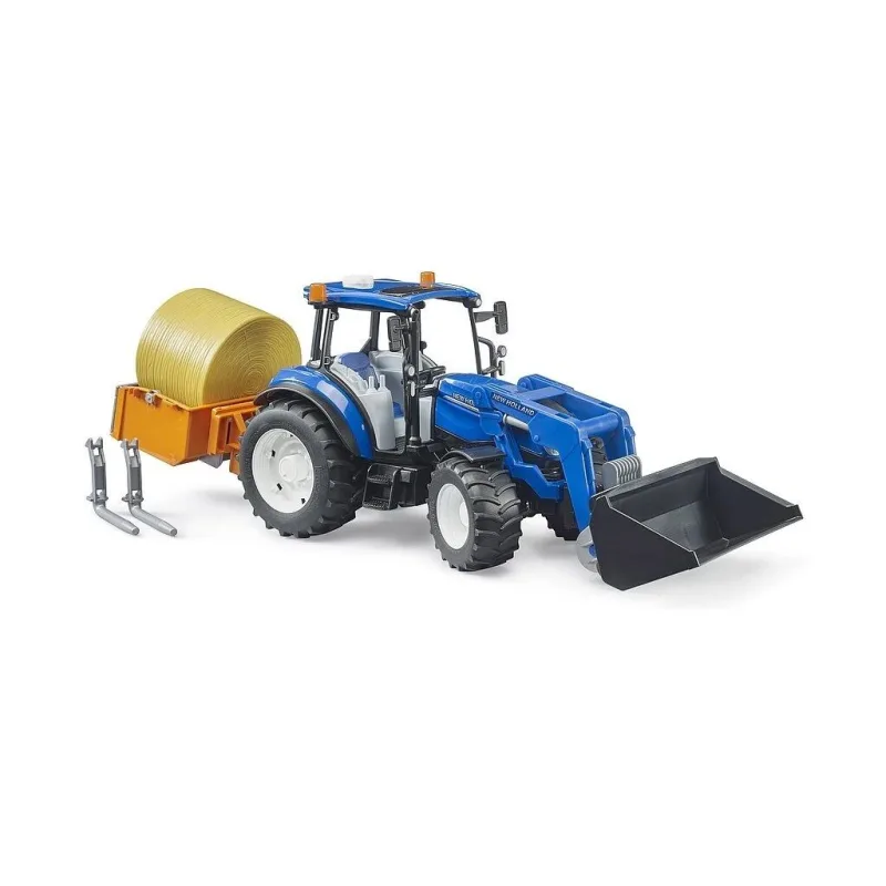 Bruder 2187 Traktor New Holland T5.120 s čelným nakladačom, korbou, vidlami a okrúhlym balíkom