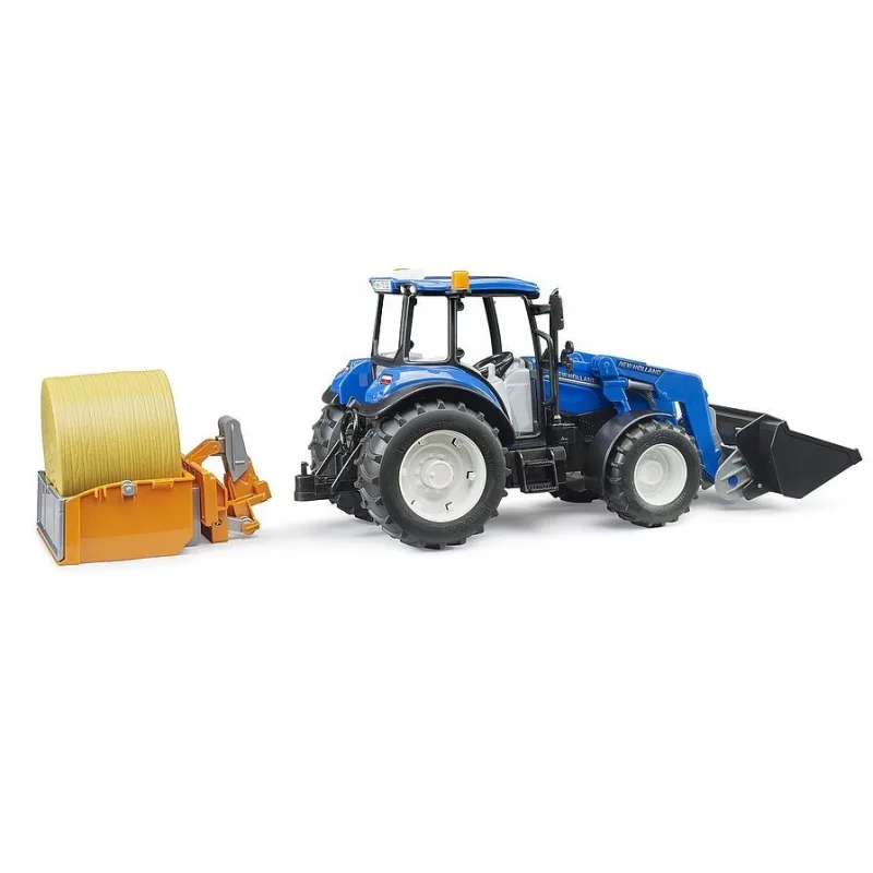 Bruder 2187 Traktor New Holland T5.120 s čelným nakladačom, korbou, vidlami a okrúhlym balíkom