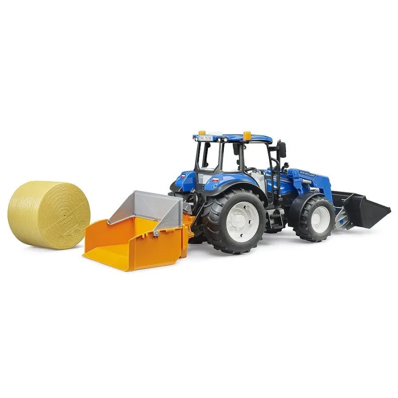 Bruder 2187 Traktor New Holland T5.120 s čelným nakladačom, korbou, vidlami a okrúhlym balíkom