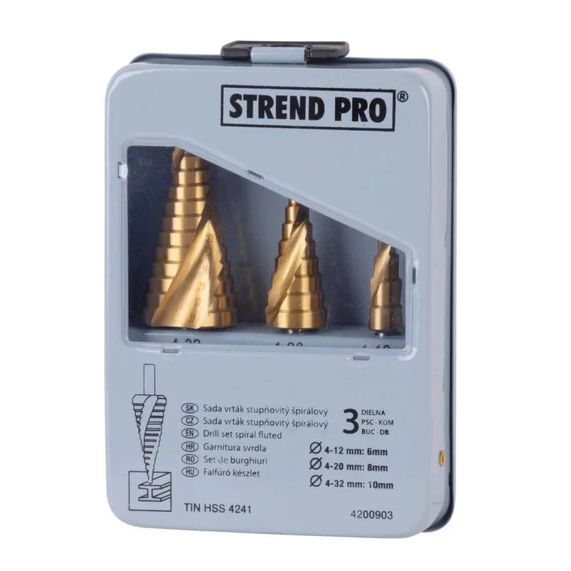 Sada stupňovitých vrtákov Strend Pro SS422, TiN, HSS 4241