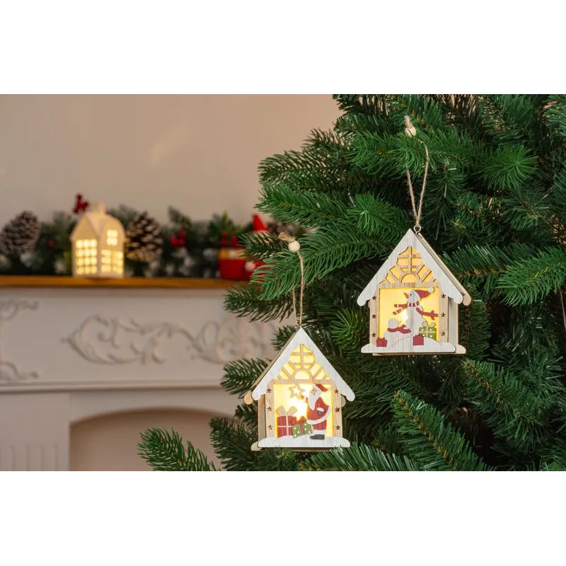 Vianočná dekorácia Santa v domčeku, LED, závesná, 9x10,4 cm