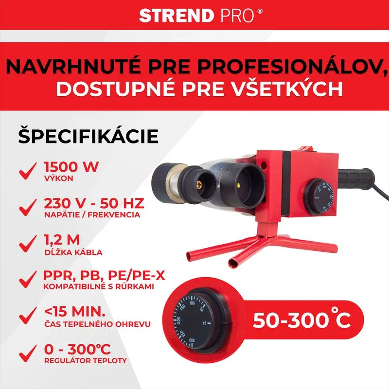 Polyfúzna zváračka Strend Pro PPR 63B, 1500 W, 20–63 mm, 14-dielna sada