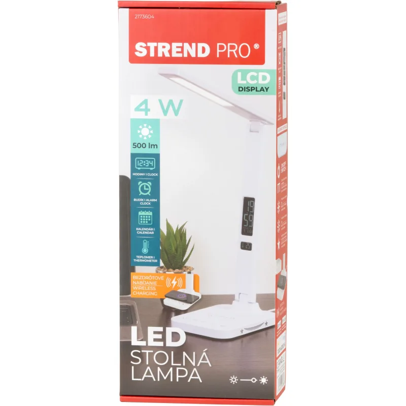Lampa Strend Pro, stolná, LED, bezdrôtové nabíjanie, voľba intenzity svetla, s displejom, 12 V, 8 W, biela