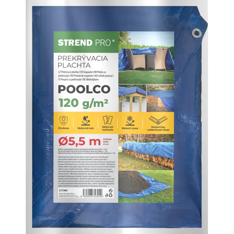 Nepremokavá krycia plachta Tarpaulin Poolco, 5,5 m, 120 g/m², modrá, okrúhla, s okami