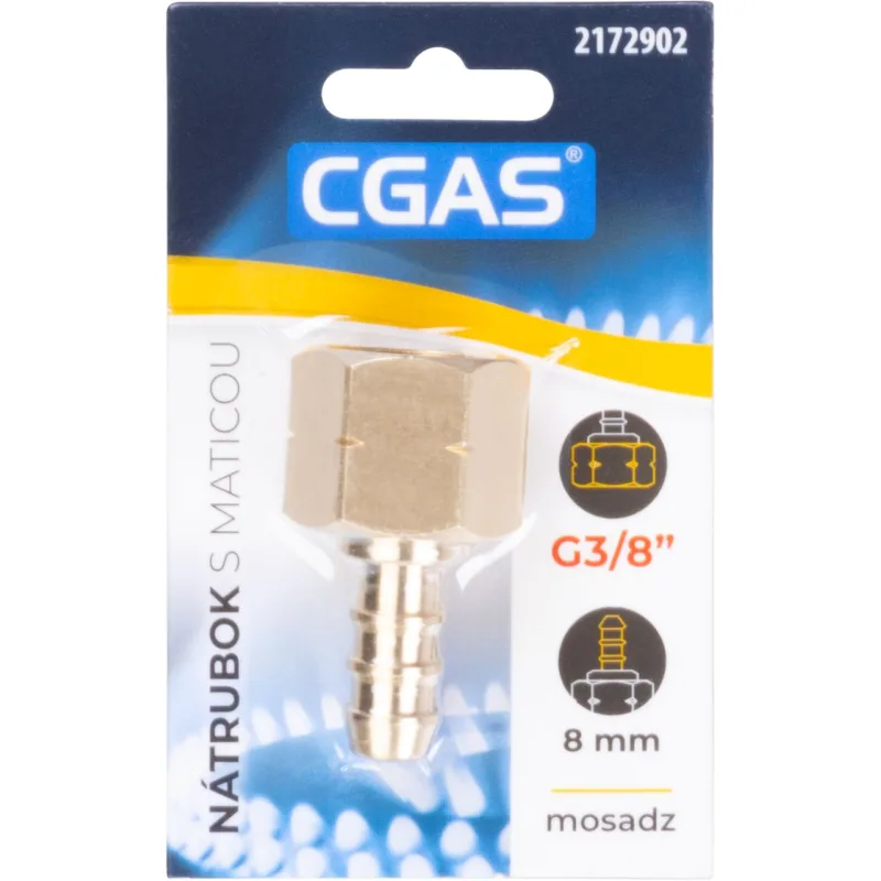 Nátrubok na plyn CGAS, jednocestný, G3/8"-LH, s maticou, 8 mm