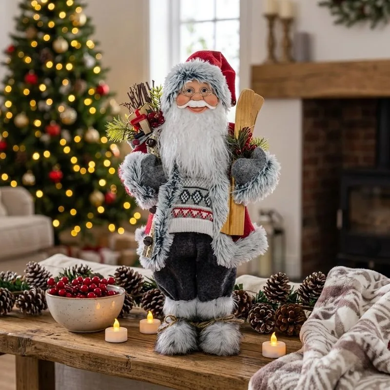 Vianočná dekorácia Santa s lyžami a drevom, 61 cm