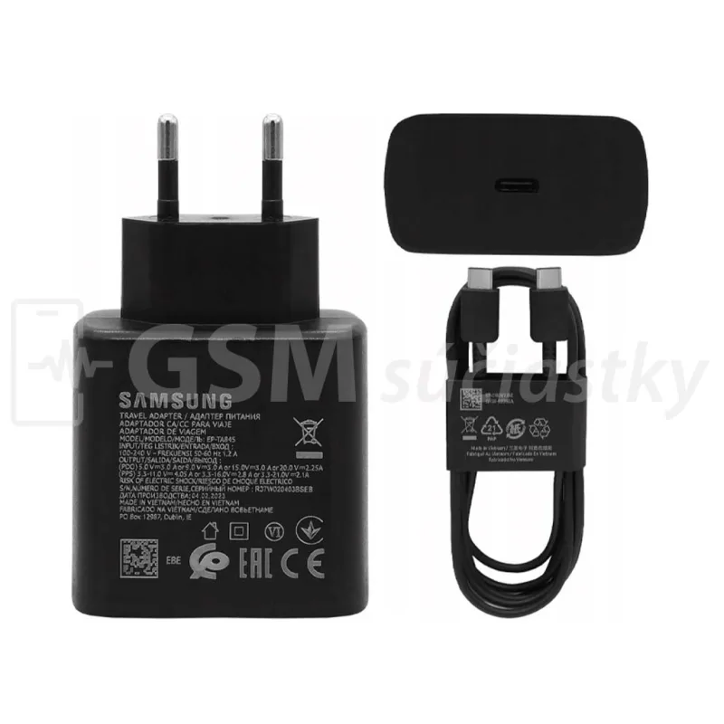 Originál sietová nabíjačka Samsung 45W EP-TA845EBE + EP-DW797JBE Farba: nabíjacka + USB kabel TYP-C