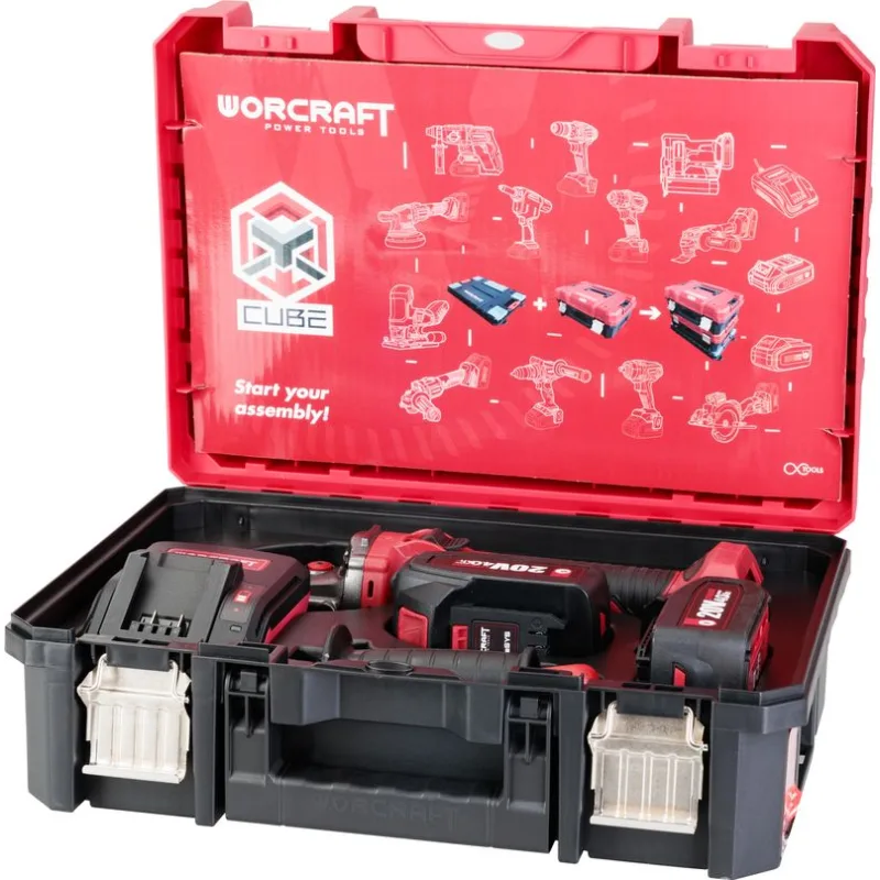 Set Worcraft XCUBE003 Toolbox, brúska 125mm, 2x 4.0 Ah akumulátor, 1x nabíjačka, uhlová