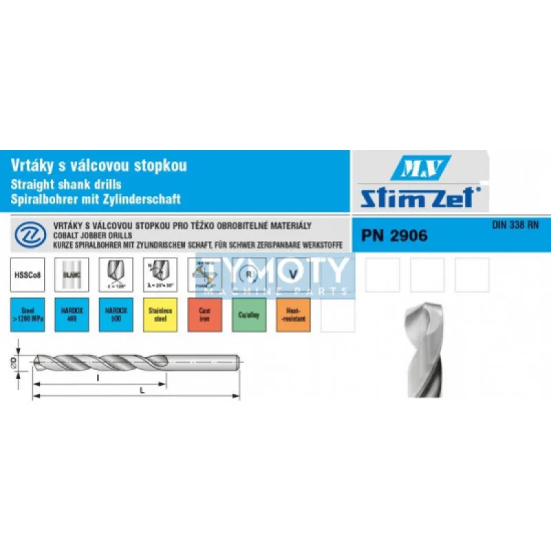 Vrták s valcovou stopkou, vysoko výkonný - stredný rad HSSCo8, 2906, 4X75/43