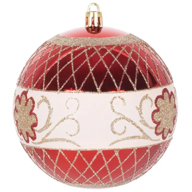 Vianočné gule na stromček 4 ks, červené, s ornamentami, 10 cm