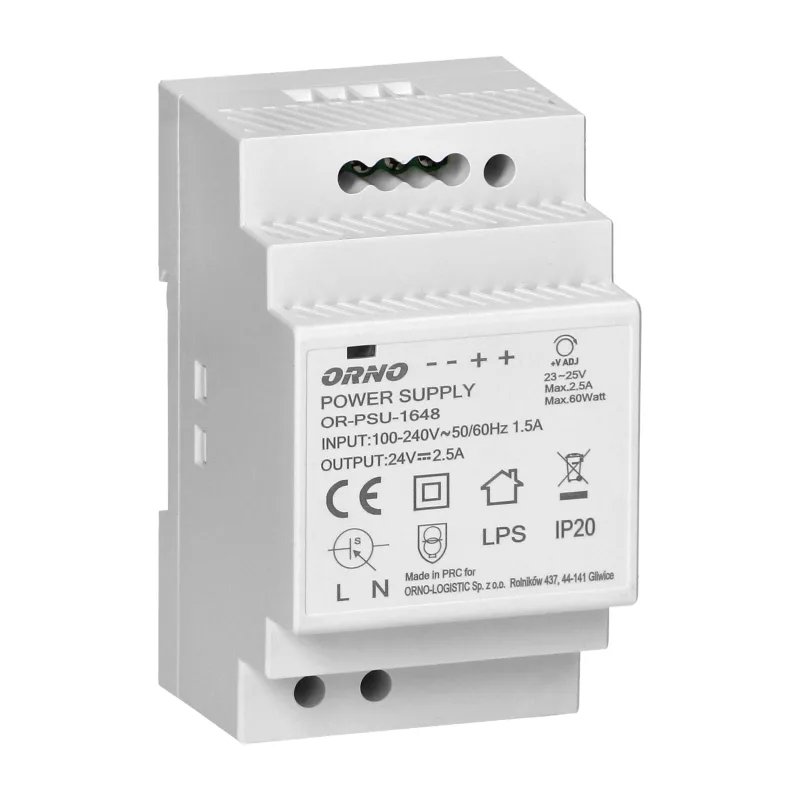 ORNO Napájací zdroj na DIN lištu 24VDC, 2.5A, 60W,, 3 moduly