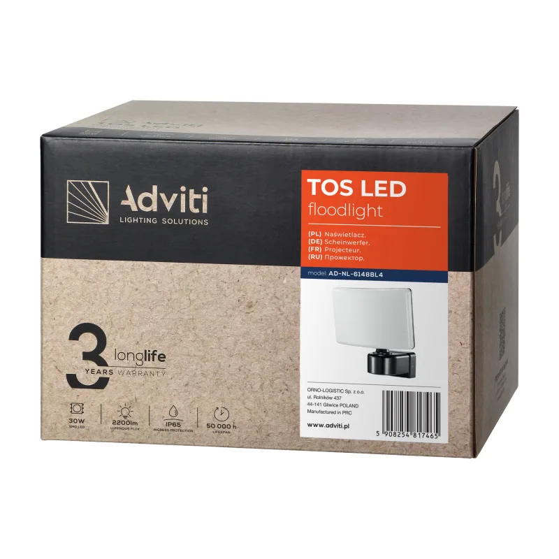ADVITI LED reflektor TOS LED 30W, 2200lm, IP65, 4000K, PC, čierny