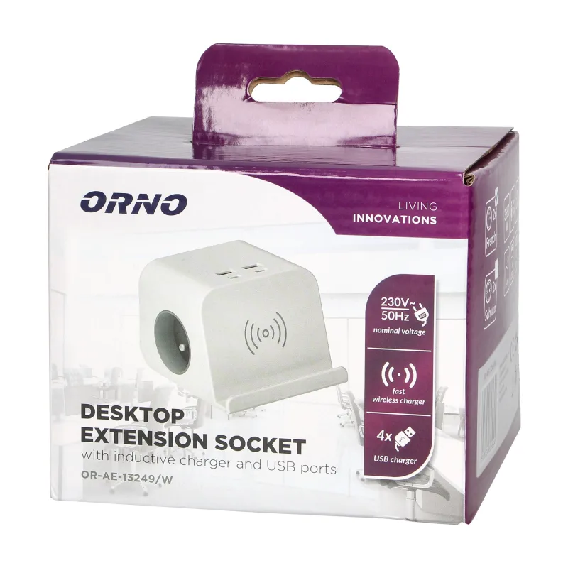 ORNO Stolový predlžovací kábel 2x230V, 2xUSB-A, 2xUSB-C, bezkontaktné dobíjanie