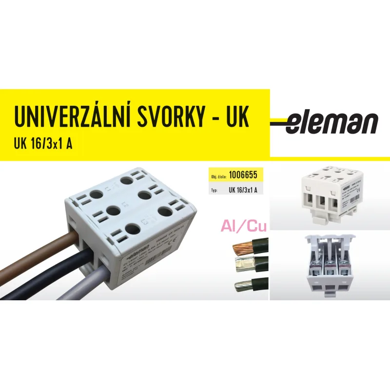 ELEMAN Svorka univerzálna trojitá UK 16/3x1 A 85A, 3x16mm2 3pól, AL/CU, krytá, sivá, na DIN lištu